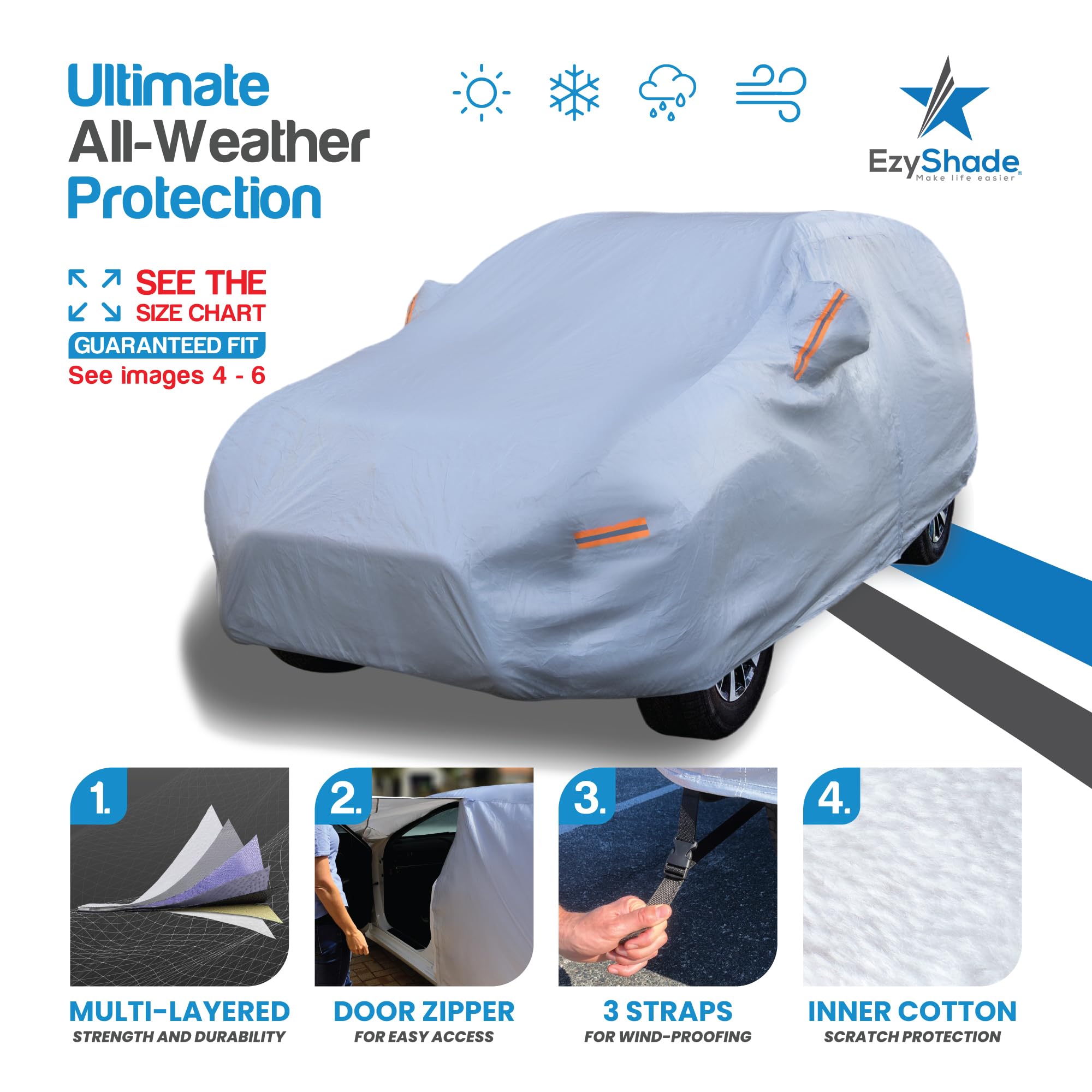 EzShade size-chart guided fit for snug SUV coverage
