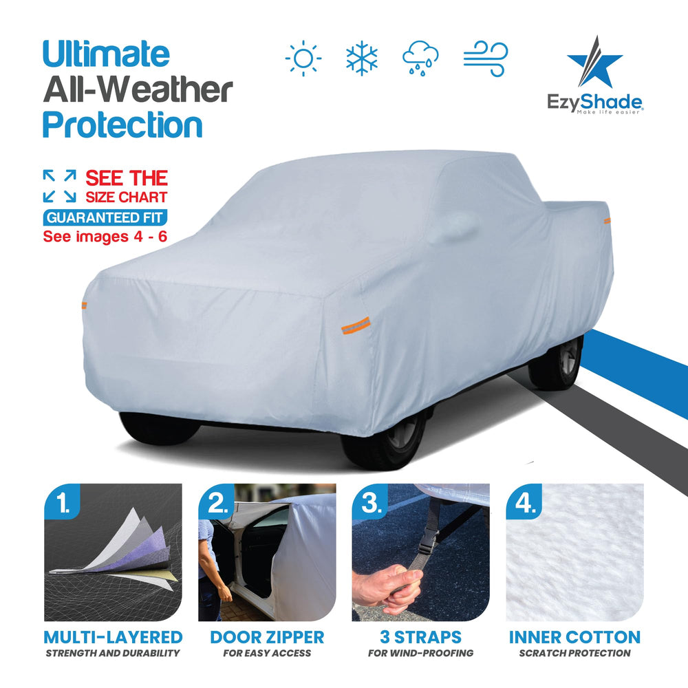 EzyShade 10-layer truck cover rear view shields against sun, wind, and rain.