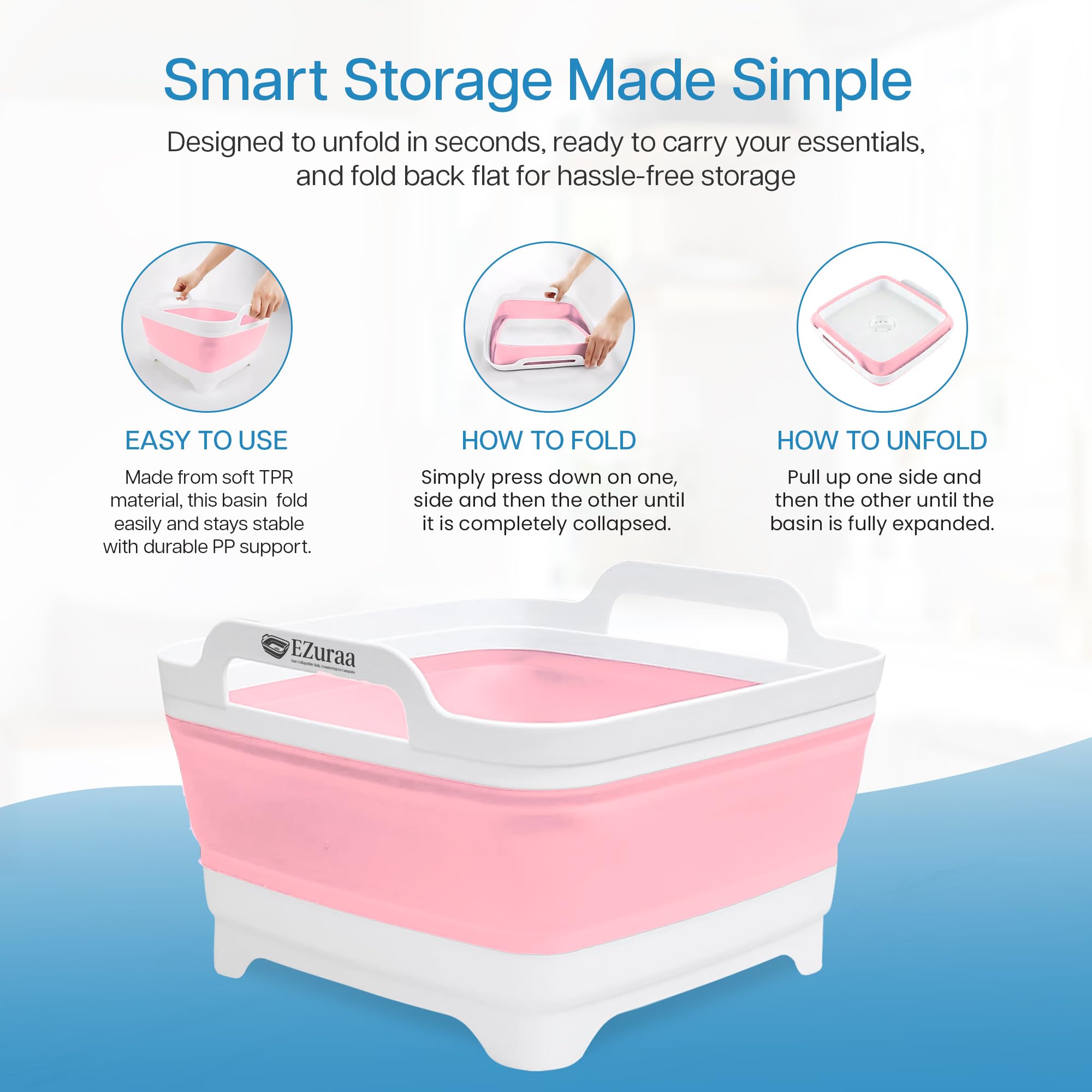 EZuraa pink collapsible basin folded for easy storage
