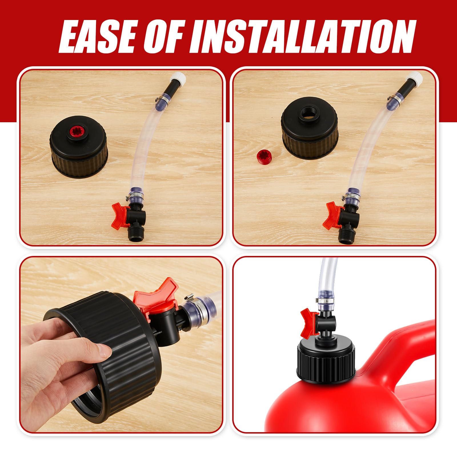 Fabbay fuel jug hose connection angle aids proper alignment during refueling.