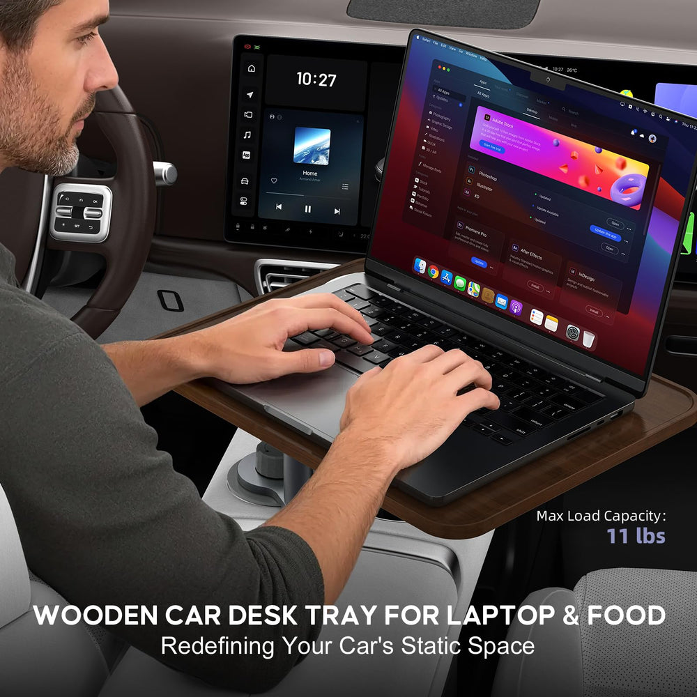 Fabias car desk wooden cup holder keeps beverages secure while driving.