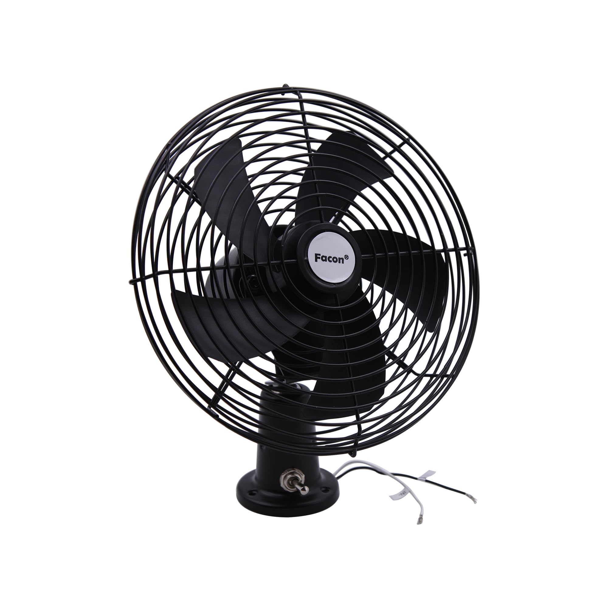 Facon 12V RV cooling fan front view highlights compact, durable metal housing for versatile mounting