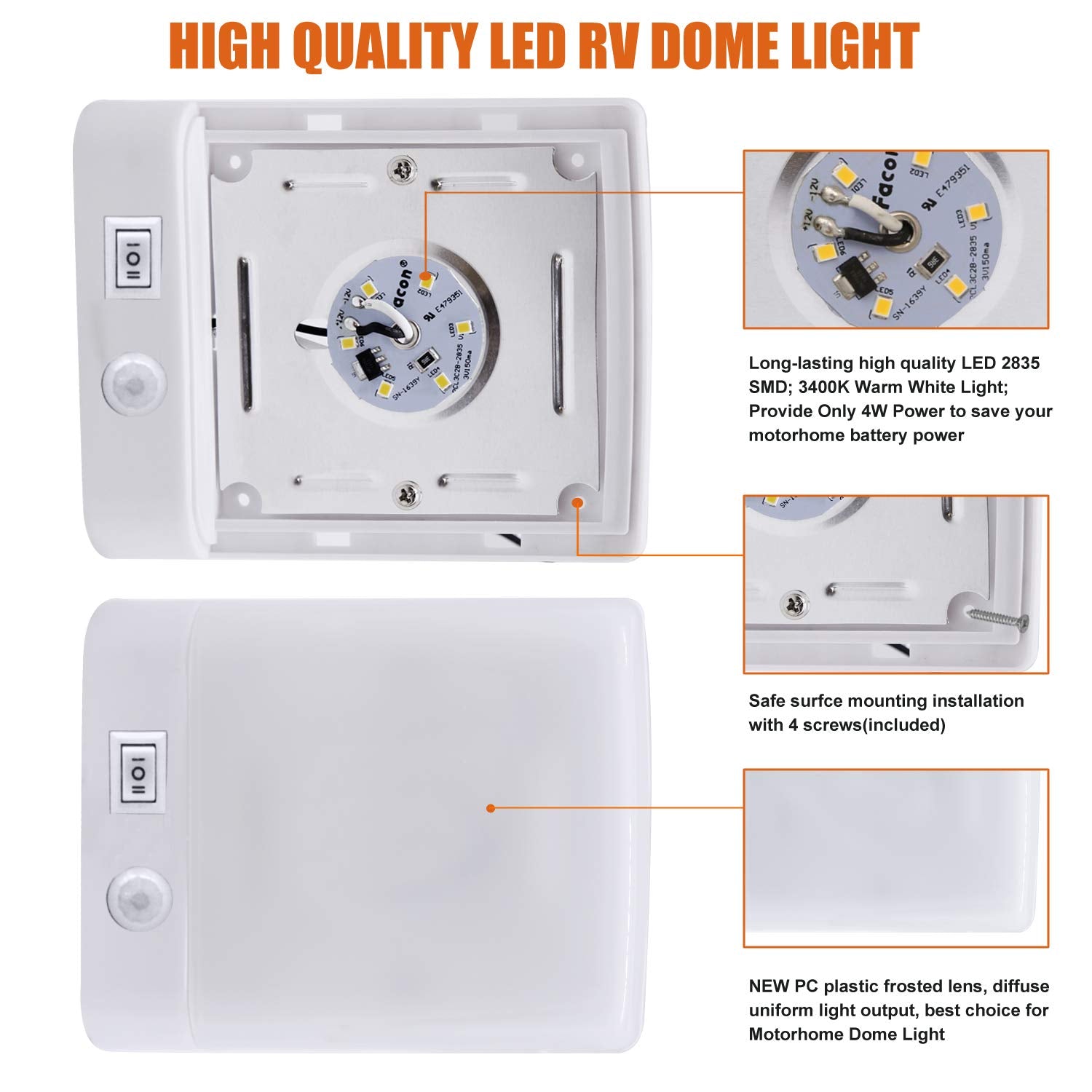 Facon Square RV motion sensor light dimmed in a dark hallway for ambient glow.
