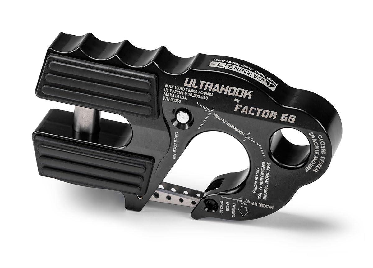 Factor 55 Ultrahook closed-system hook showing secure mount for safe winching