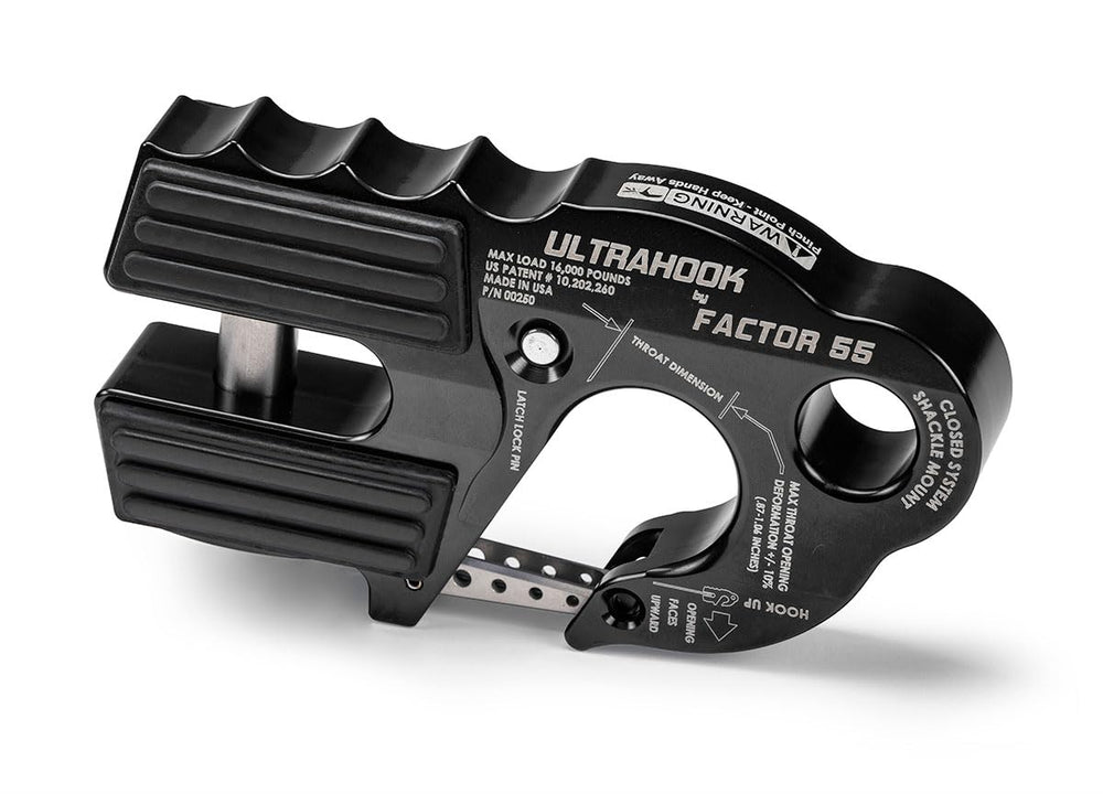 Factor 55 Ultrahook closed-system hook showing secure mount for safe winching