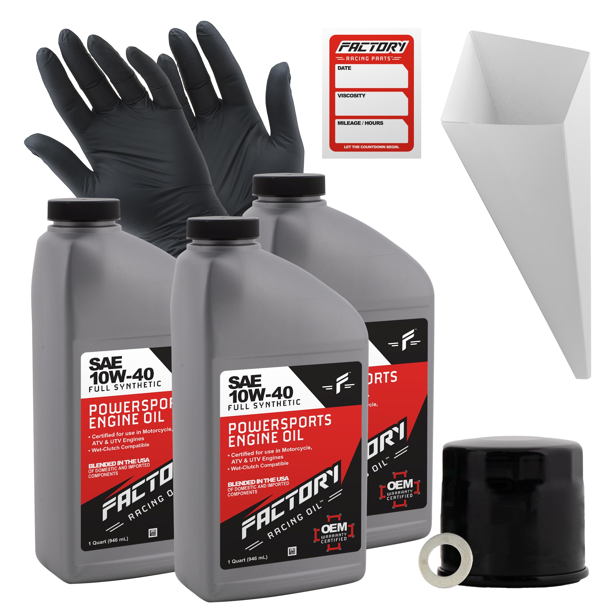 Factory Racing Parts oil change kit box showing Suzuki-compatible components for easy maintenance