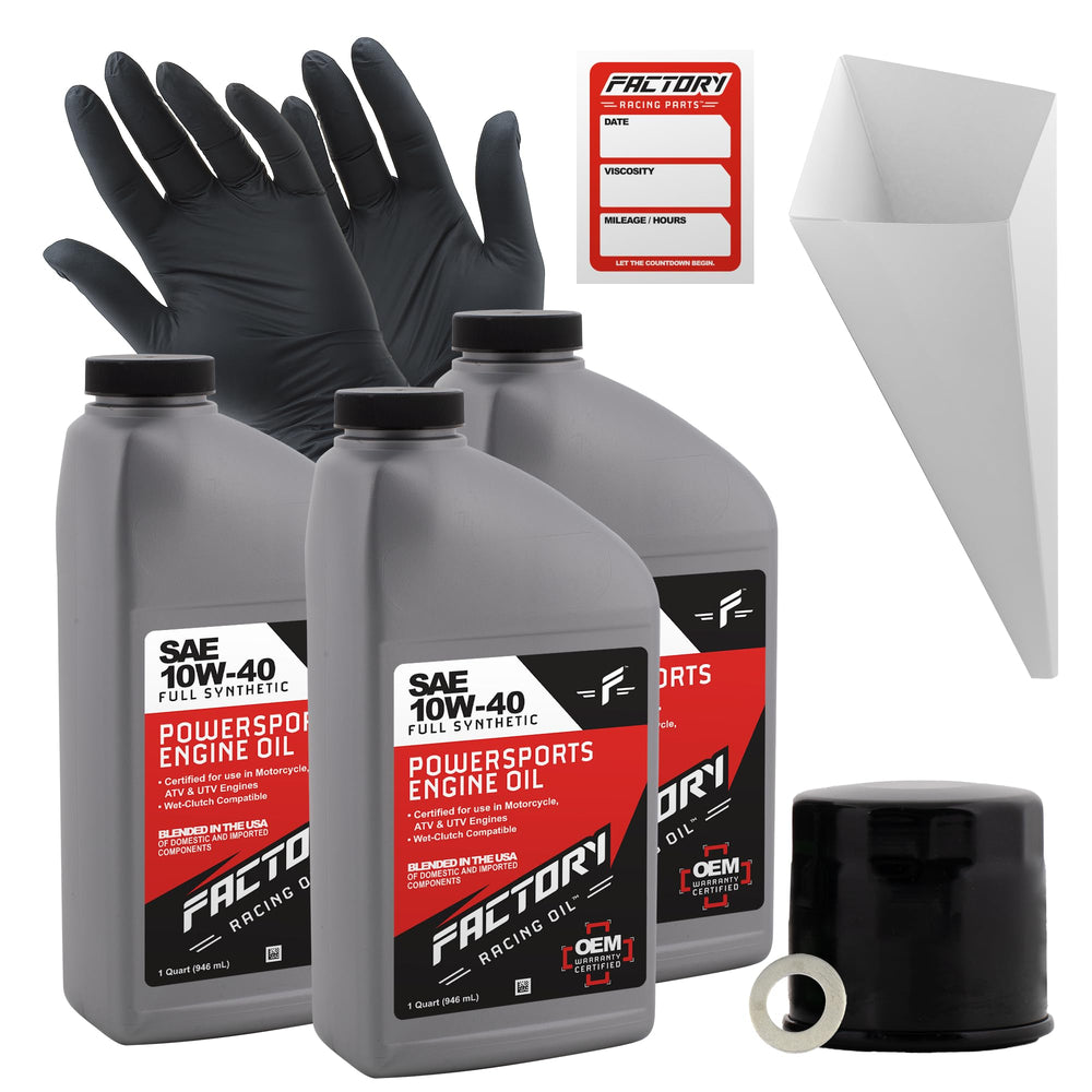 Factory Racing Parts oil change kit box showing Suzuki-compatible components for easy maintenance