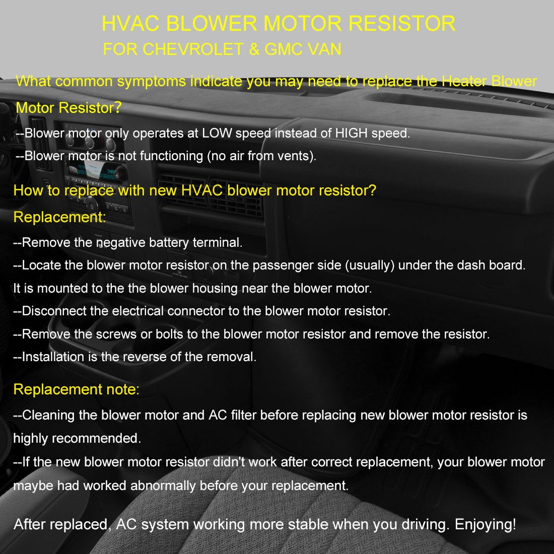 FAERSI blower motor resistor compatibility numbers image helps confirm model match.