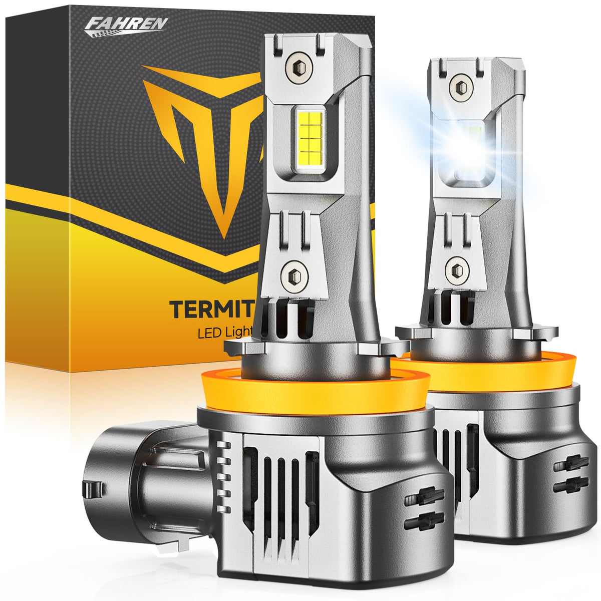 FAHREN H11 LED bulbs chip-module close-up for ultra-bright visibility.