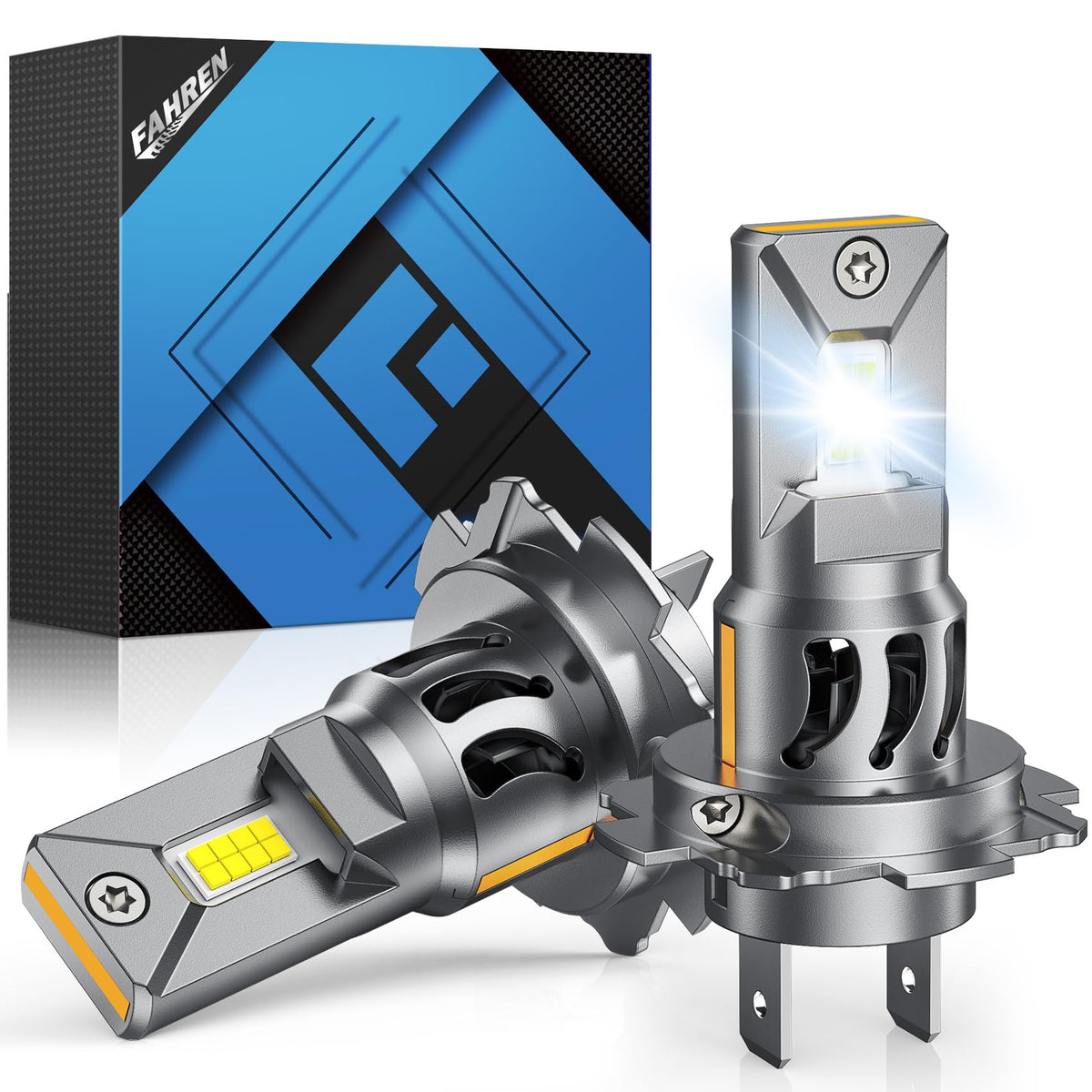 FAHREN H7 LED bulb package front view, highlighting a complete upgrade kit for easy fit.