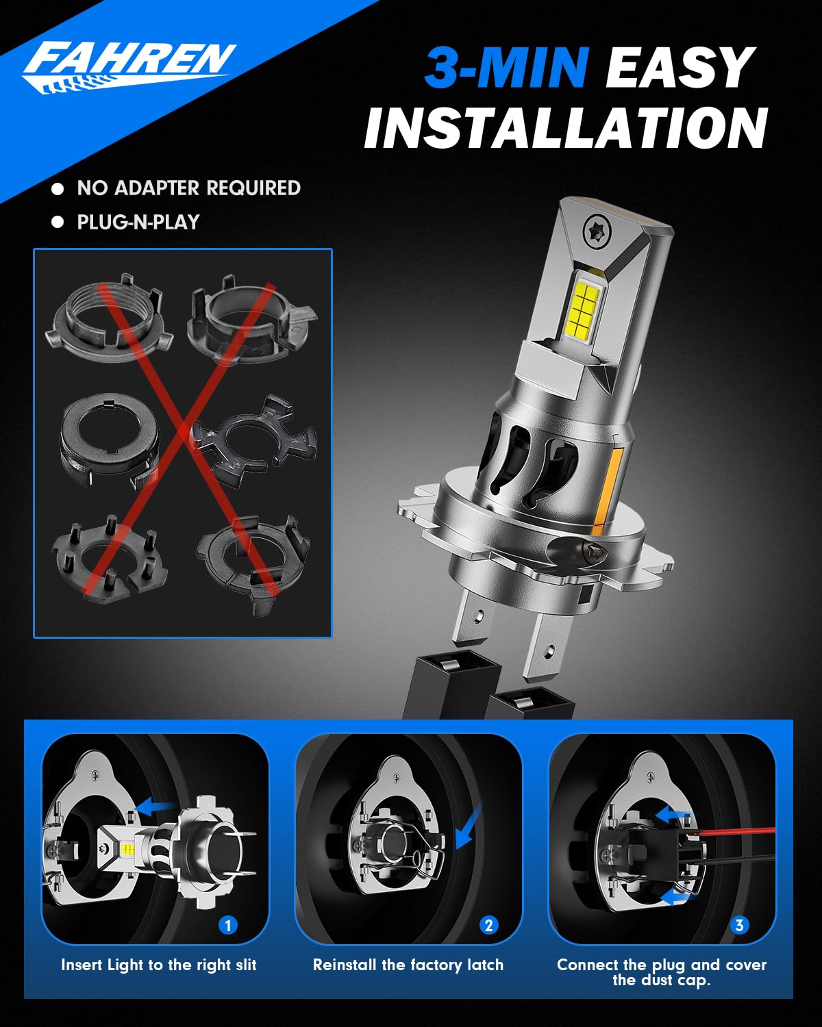 FAHREN H7 LED bulb real 1:1 halogen size enables plug-and-play fit.