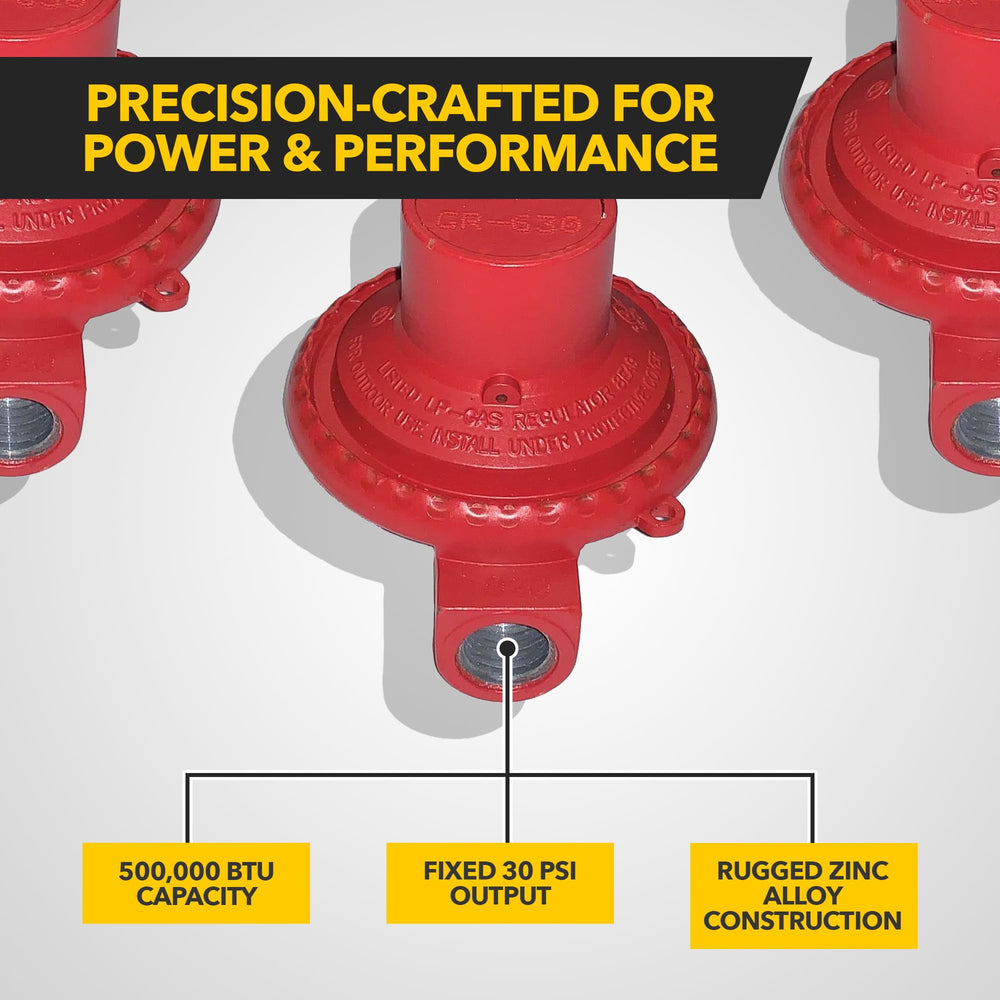 Fairview GR-630B regulator mounted to propane tank for easy setup