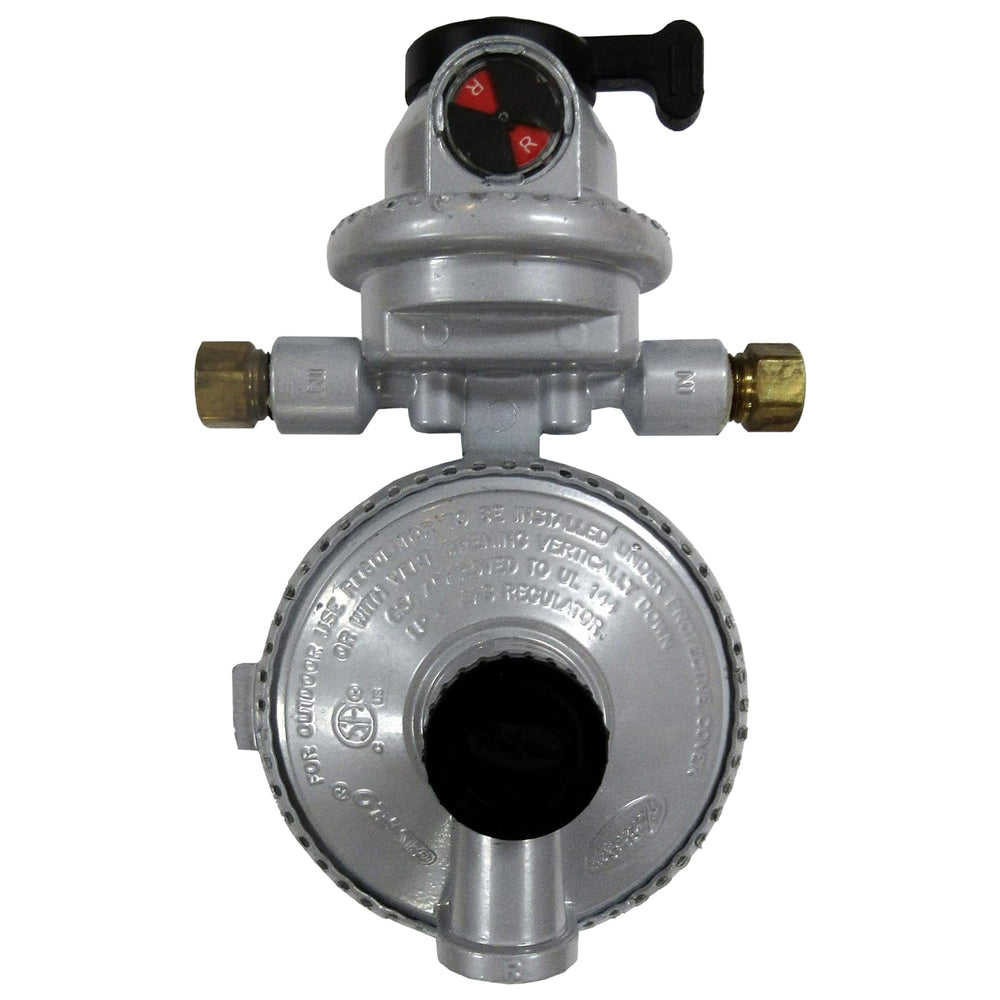 Fairview GR-9984 regulator front view showing dual-tank design for uninterrupted RV propane supply