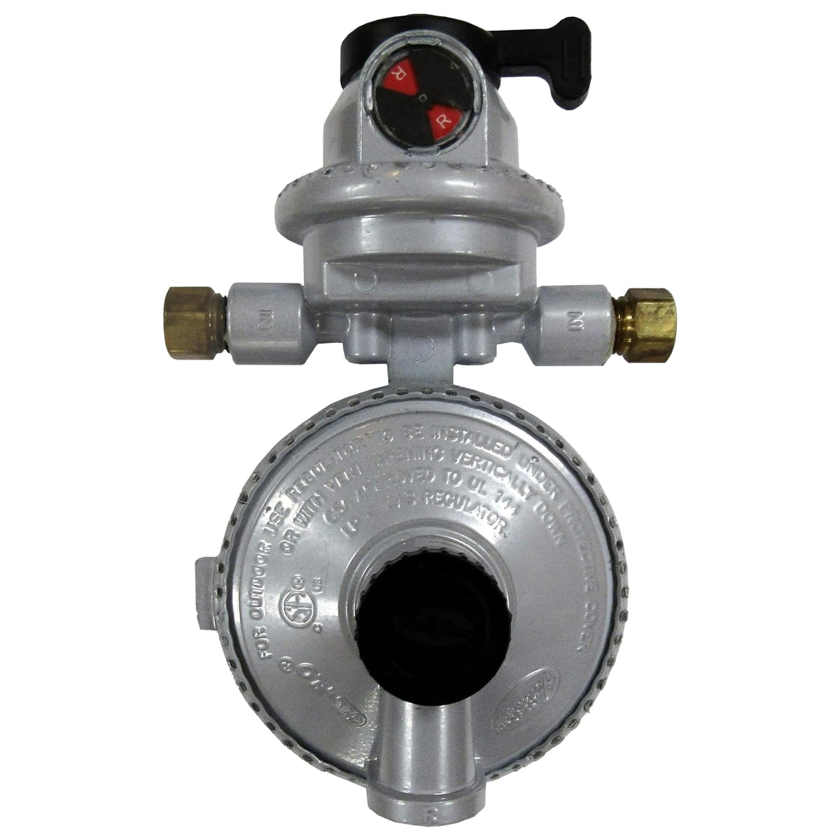 Fairview GR-9984 regulator front view showing dual-tank design for uninterrupted RV propane supply