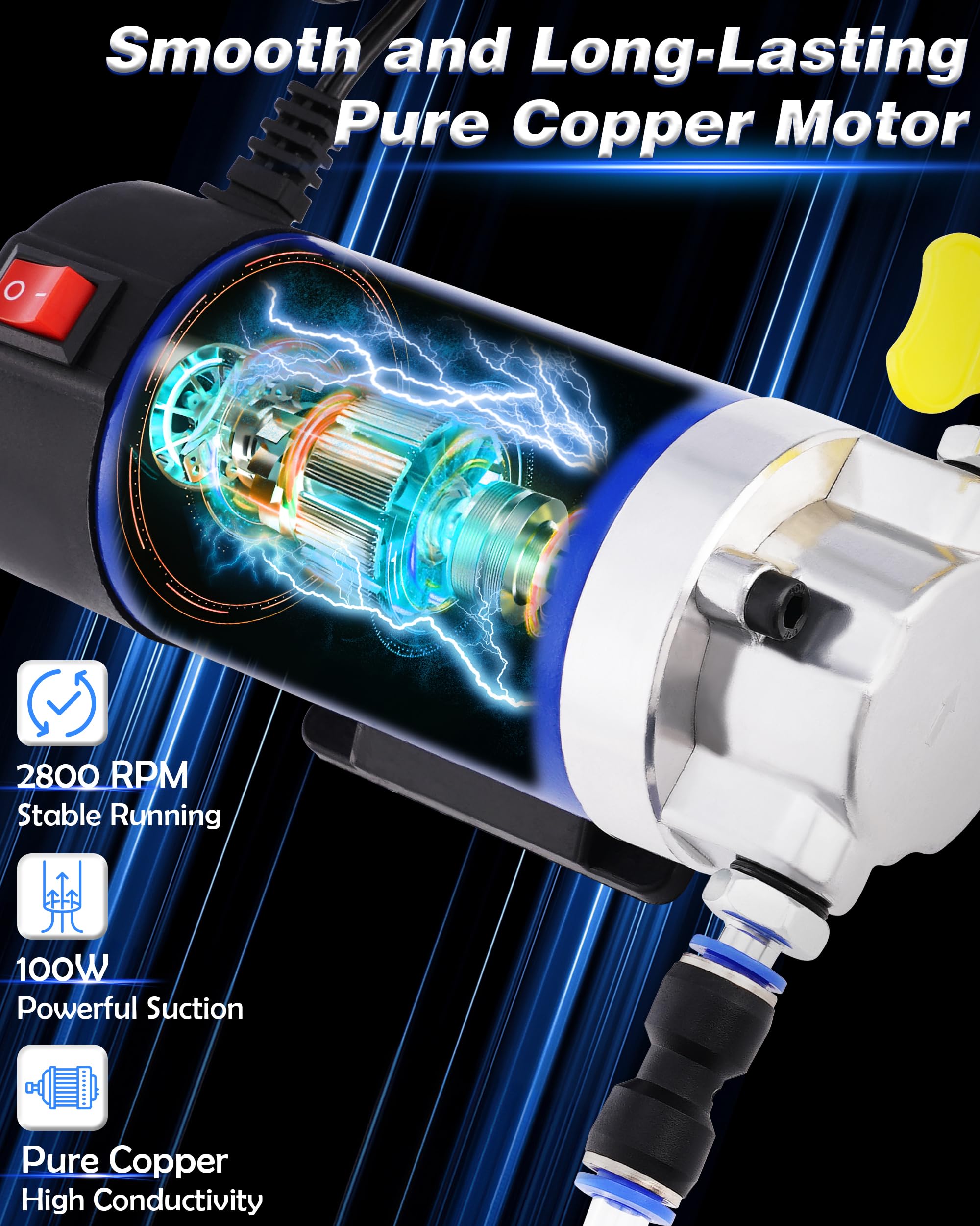 FAITIO 12V oil extractor pump close-up motor highlights durable copper core for fast suction