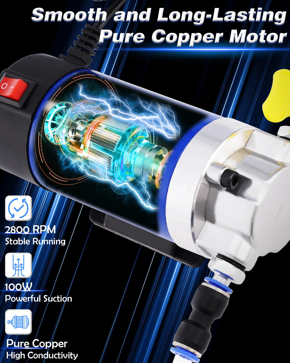 FAITIO 12V oil extractor pump close-up motor highlights durable copper core for fast suction