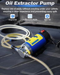 FAITIO 12V oil extractor pump side view shows compact design for easy storage