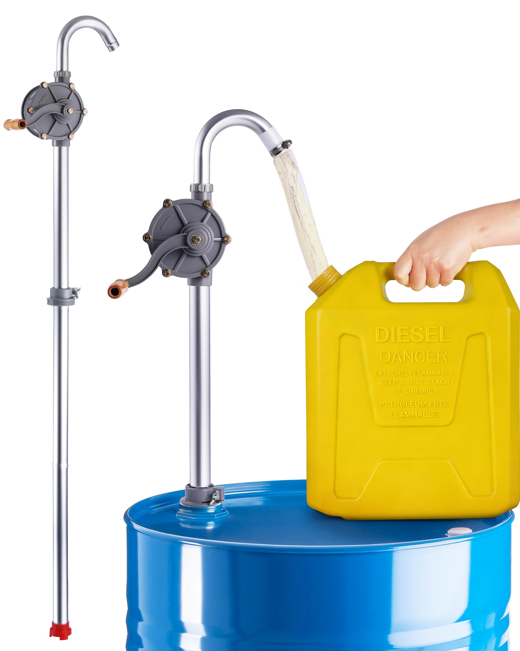 FAITIO drum pump outlet enabling secure, leak-free diesel transfers.