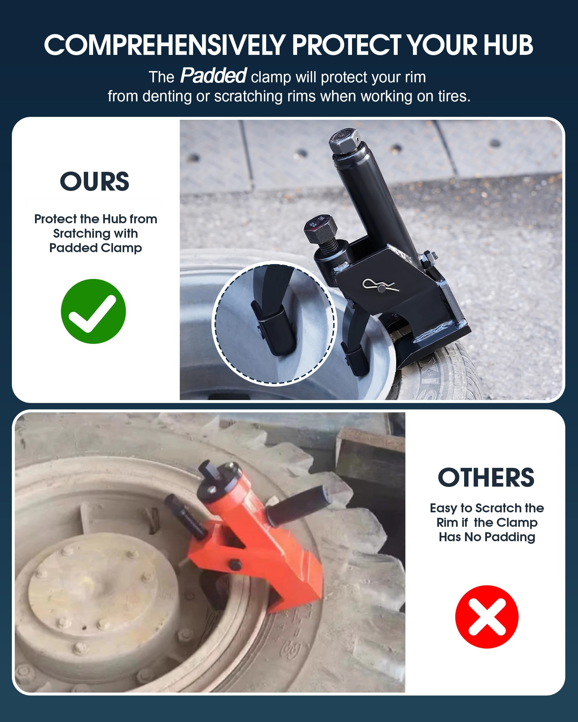 FAITIO bead breaker clamps onto various hub sizes for stable mounting.