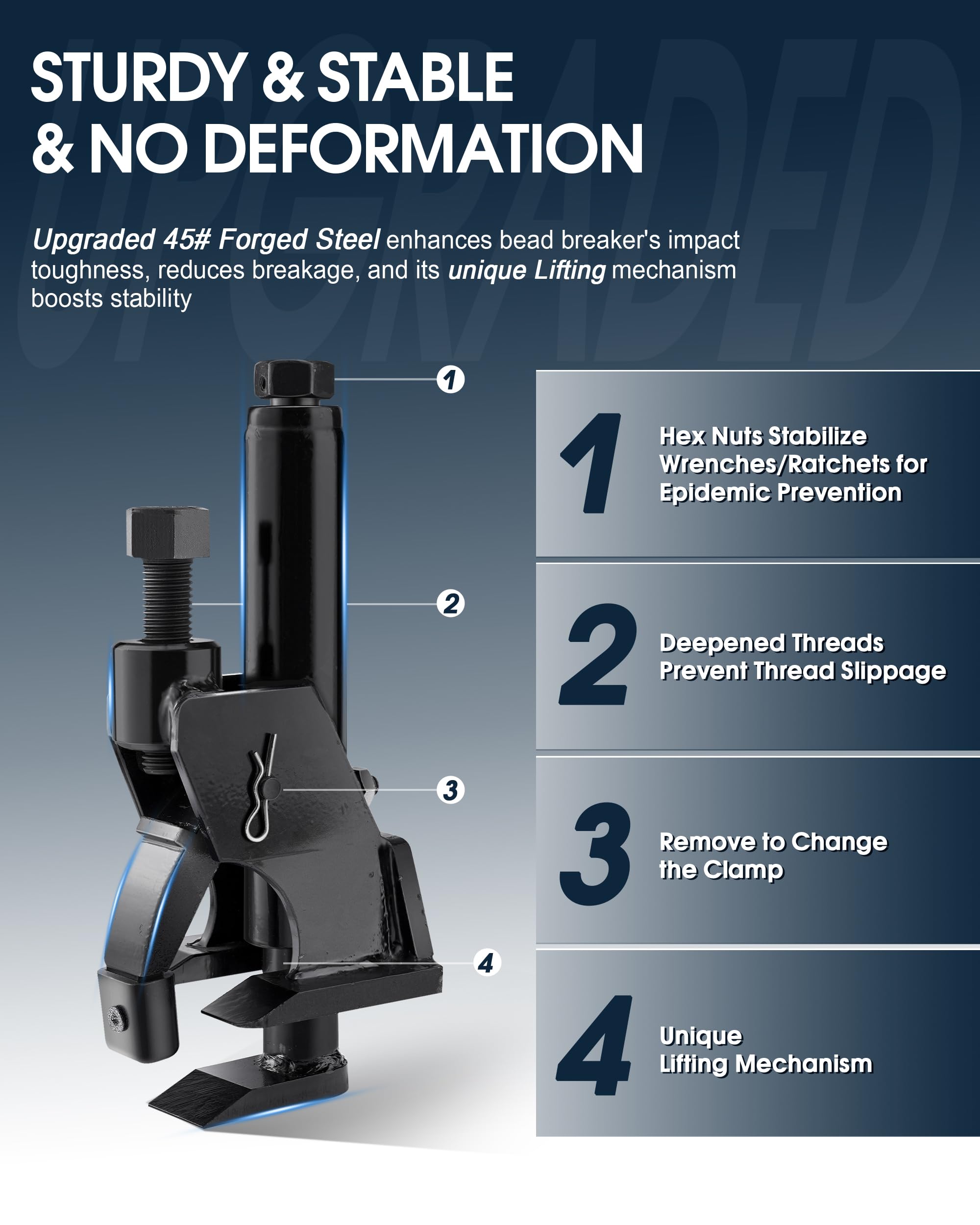 FAITIO bead breaker telescoping foot provides consistent leverage.