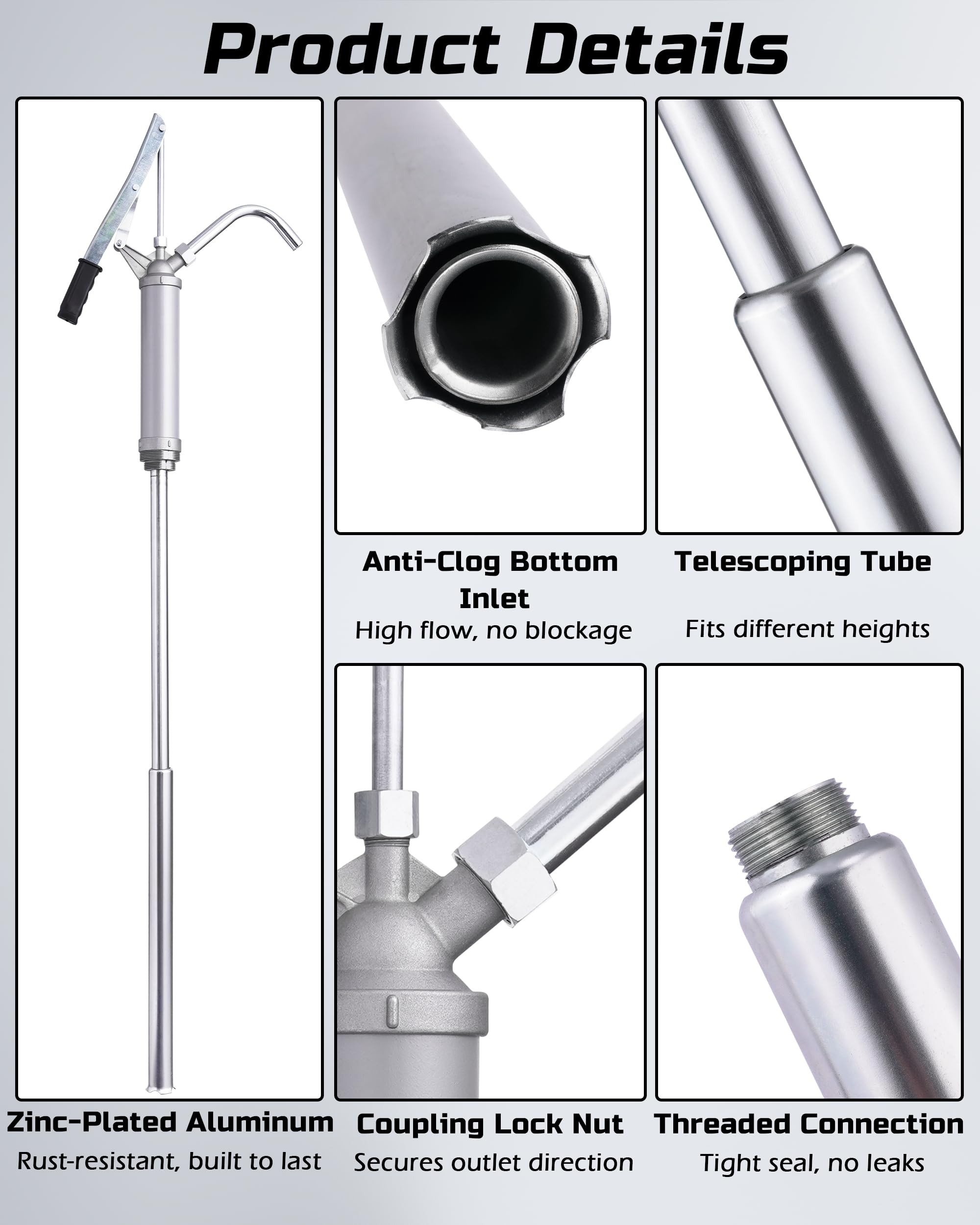 FAITIO drum pump fits 5–55 gallon drums with telescoping tube