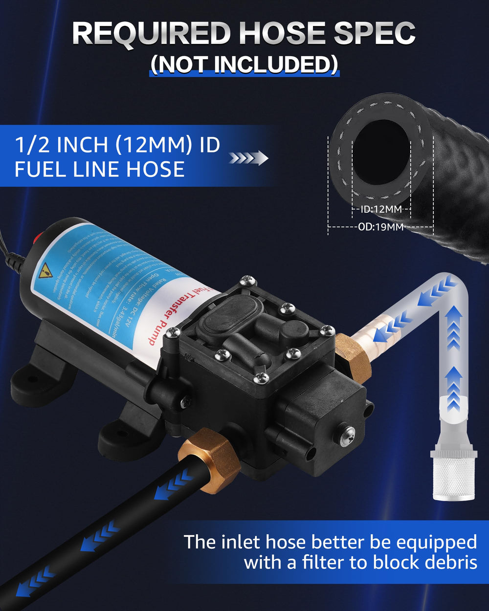 FAITIO transfer pump connected to a 1/2-inch hose for easy setup