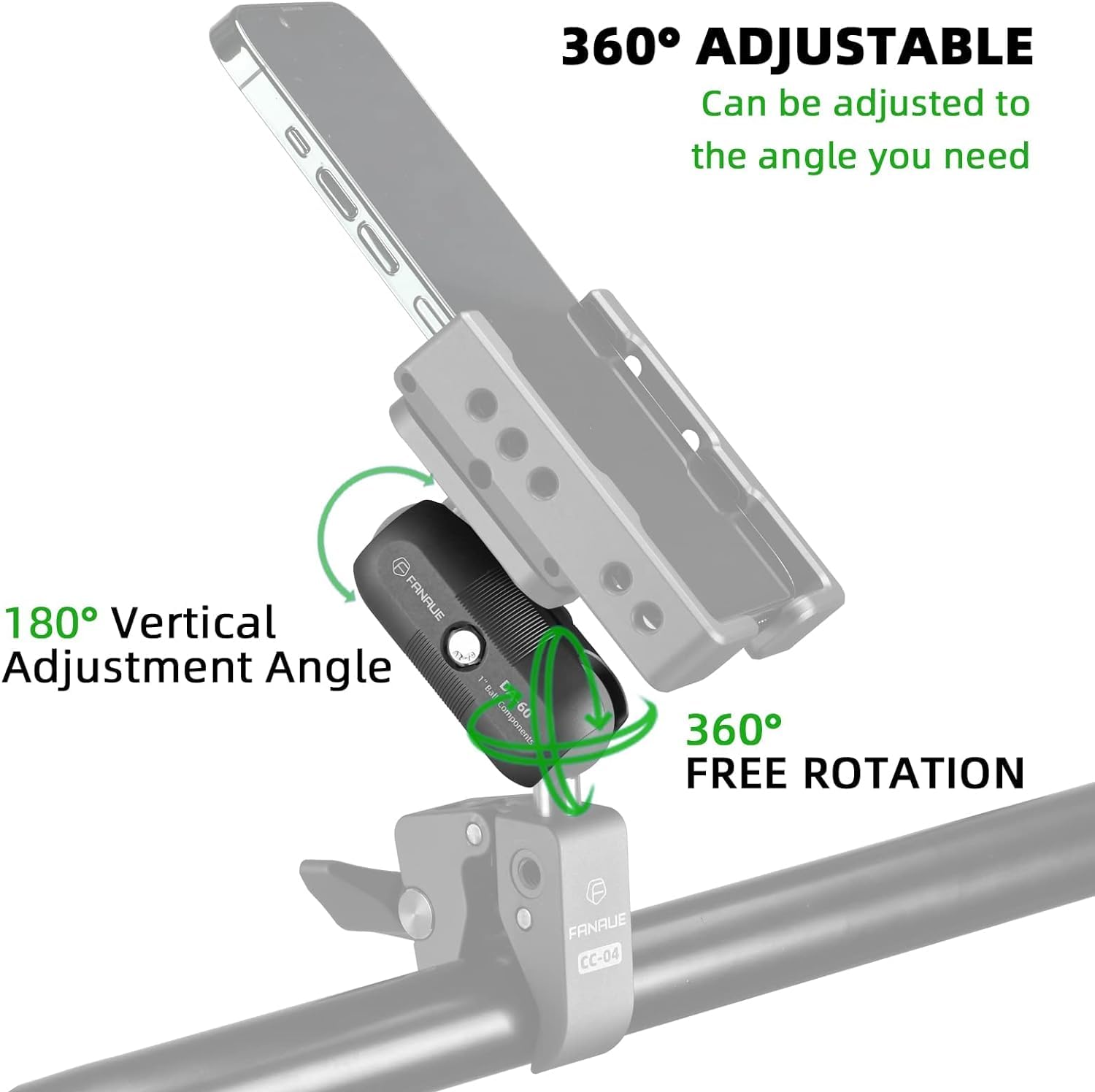 FANAUE mount with 360° rotation enables vertical or horizontal phone use.