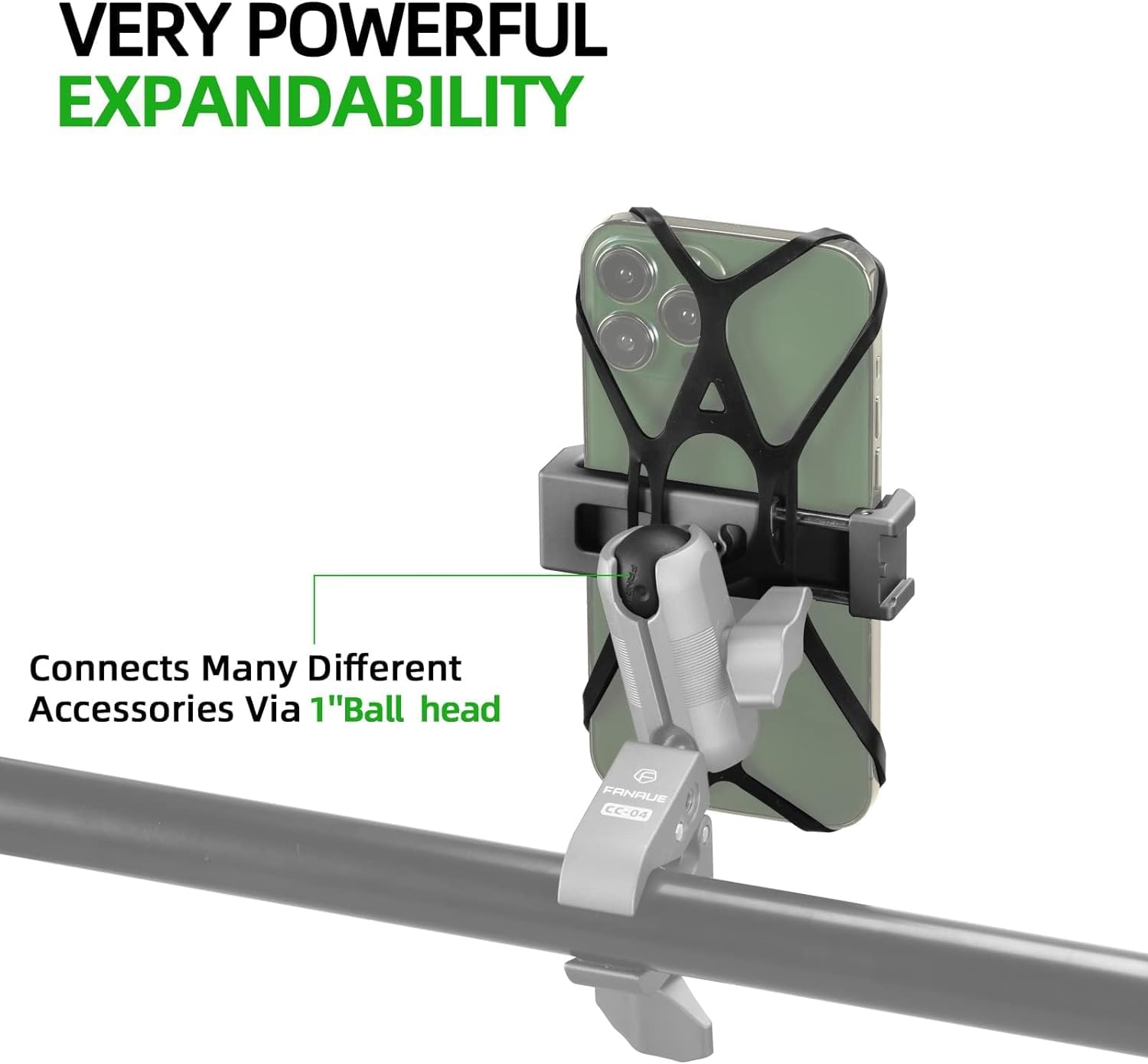 FANAUE secure clamp highlights effortless one-handed placement on handlebars.