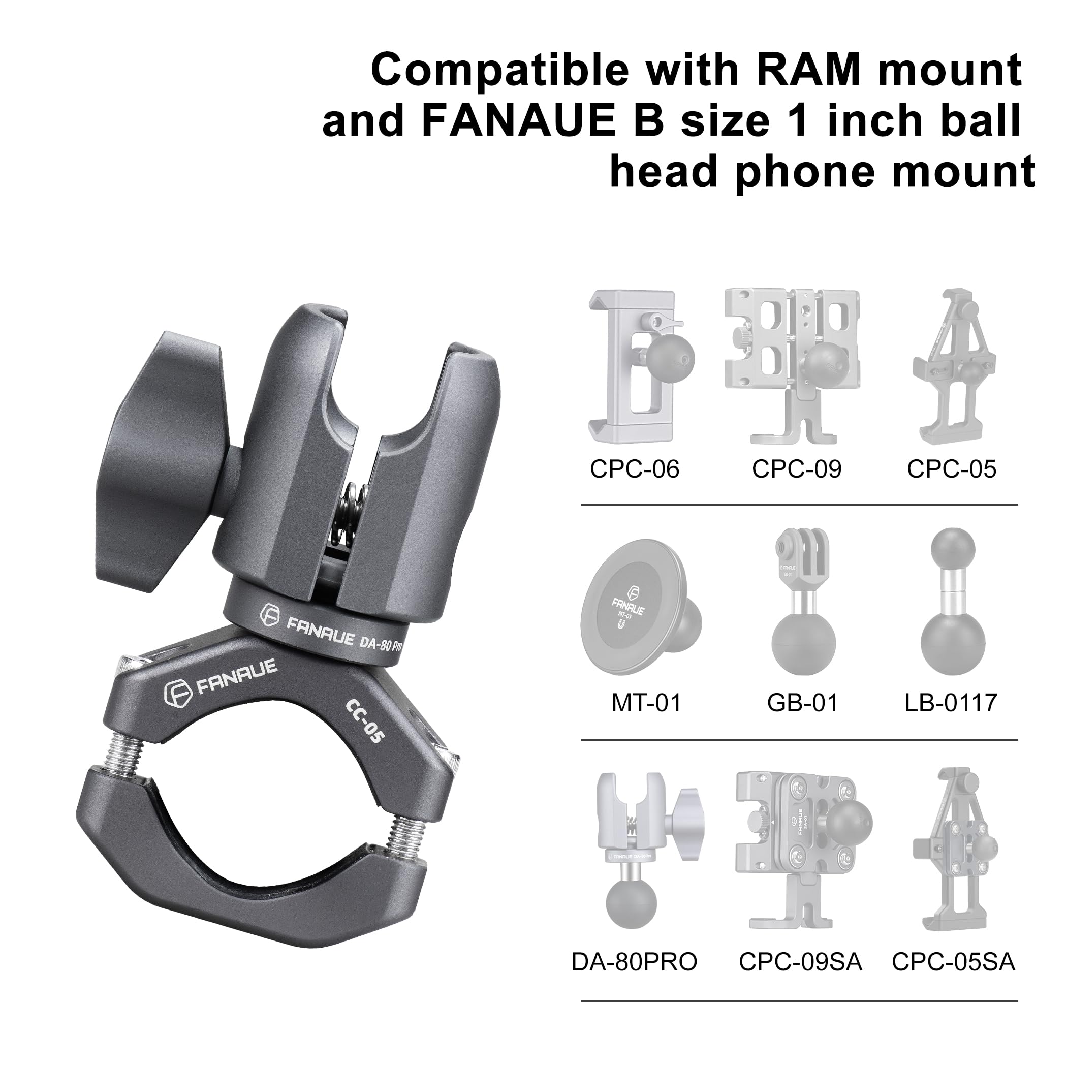 FANAUE RAM-mount compatible 1-inch ball enables flexible accessory mounting.