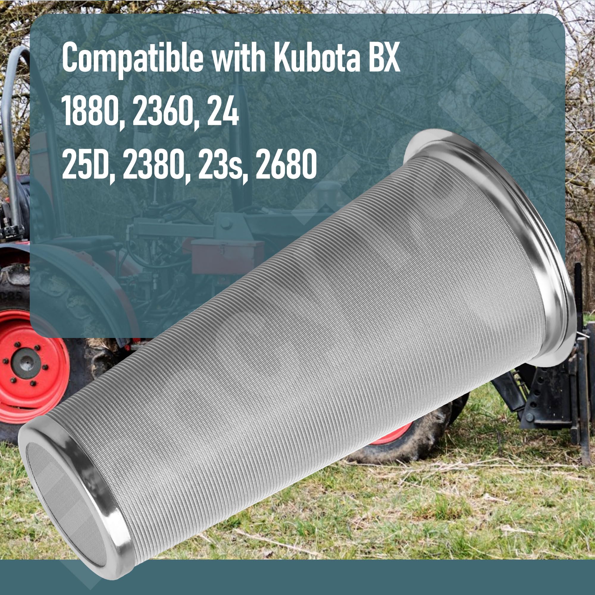 FancyTark cone filter Kubota compatibility graphic illustrates fit with BX models.