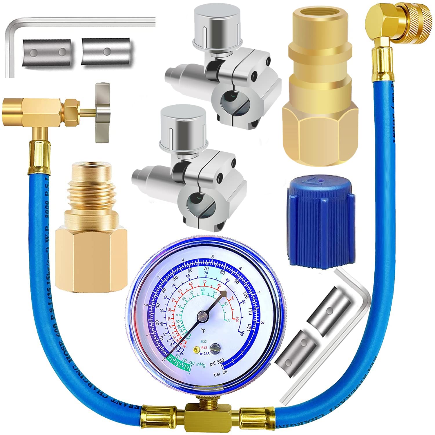 Fanovo refrigerator freon hose with gauge for precise R134a charging in vehicles and homes.