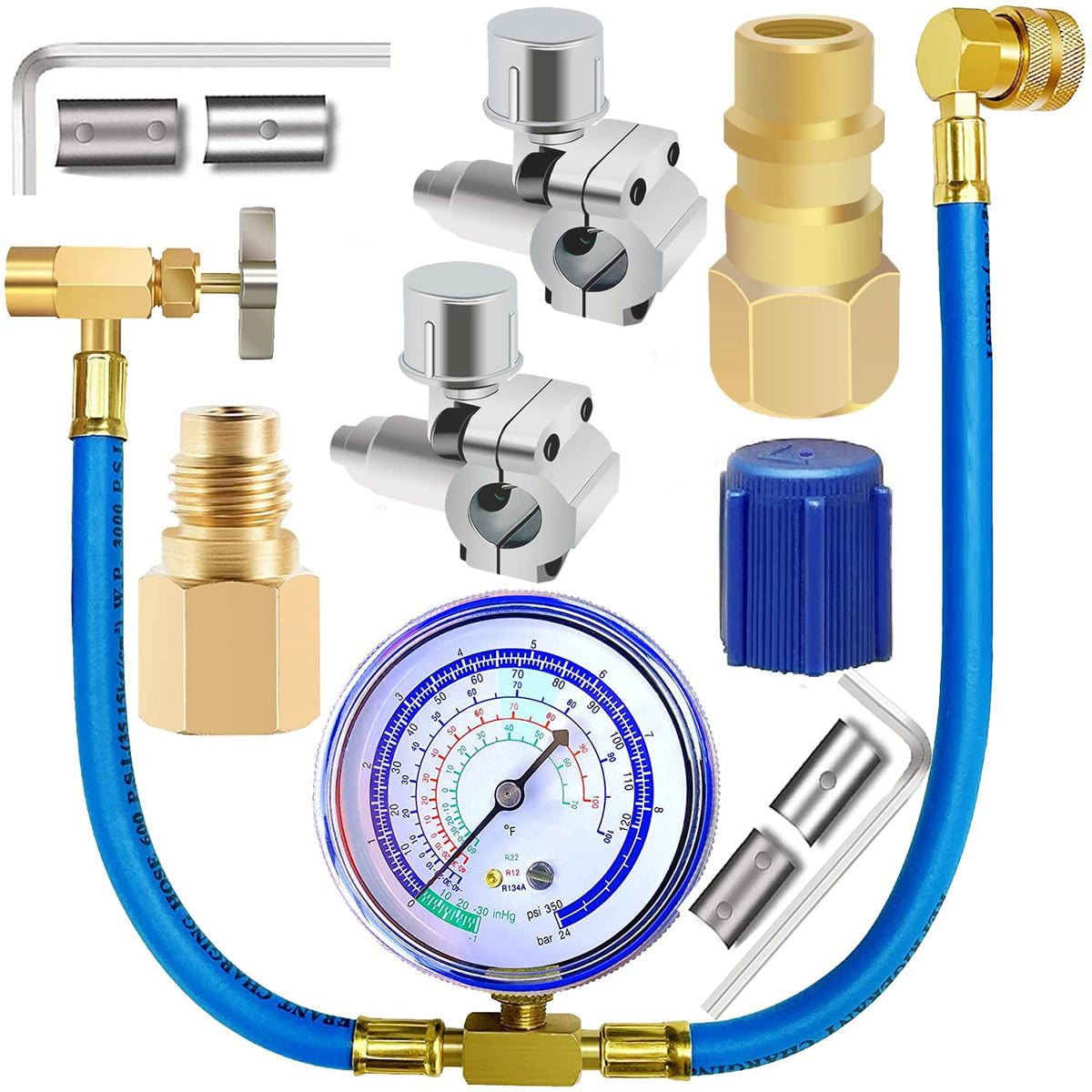 Fanovo refrigerator freon hose with gauge for precise R134a charging in vehicles and homes.
