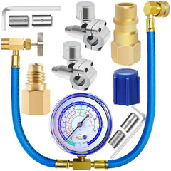 Fanovo refrigerator freon hose with gauge for precise R134a charging in vehicles and homes.