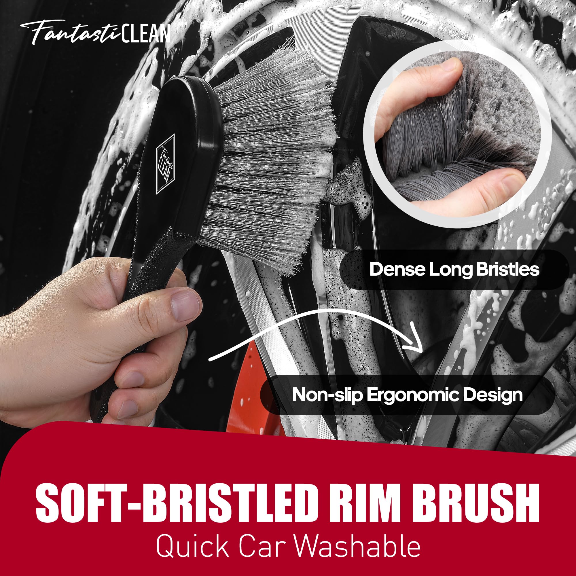 Fantasticlean professional tire brush removes grime without scratching tire surfaces.