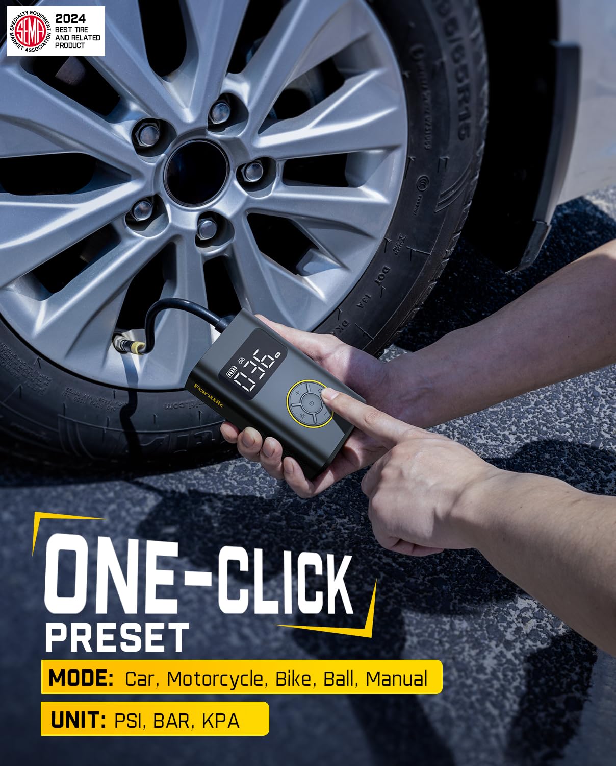 Fanttik X9 Pro inflating a motorcycle tire delivering portable high-pressure support