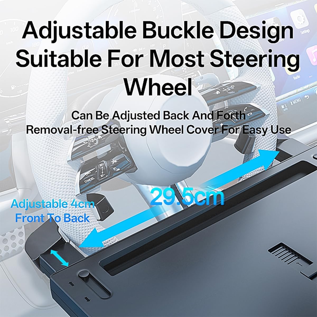 Fanxin adjustable buckles close-up demonstrating secure fit on steering wheel