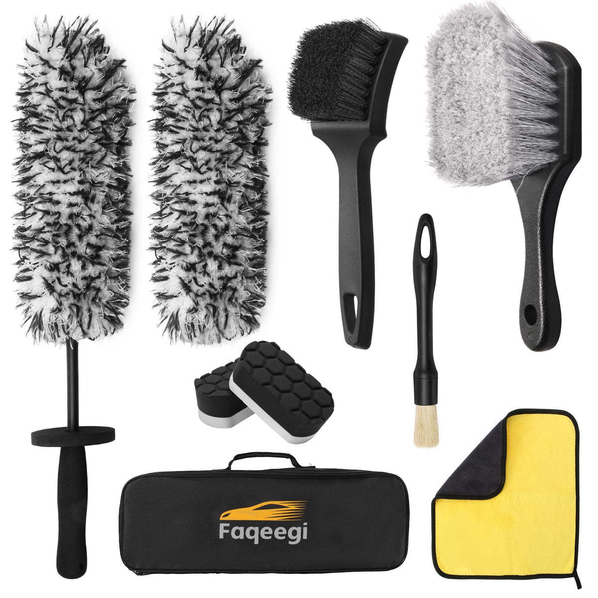 Faqeegi 9PCS wheel detailing kit flat rim brush with removable cover for scratch-free rims.