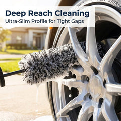 Faqeegi soft-bristle tire brush cleans delicate rims without scratching.