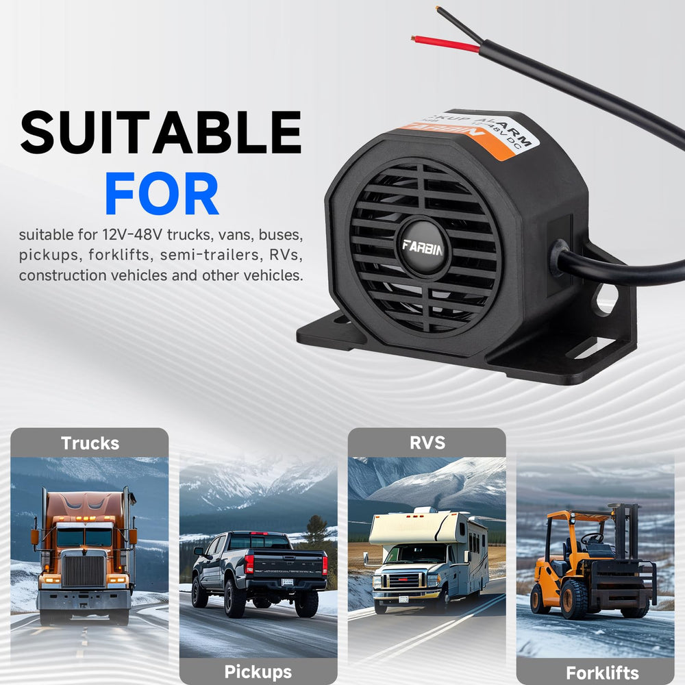 FARBIN back-up alarm ideal for trucks, vans, buses and construction vehicles.