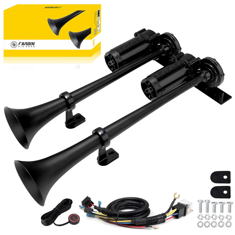 Farbin dual trumpet air horn installed on a pickup for high-visibility signaling.