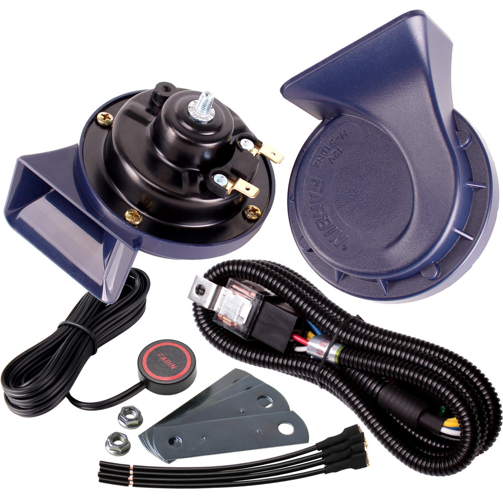 Farbin horn 12V dual-tone with blue wiring for loud vehicle alert.