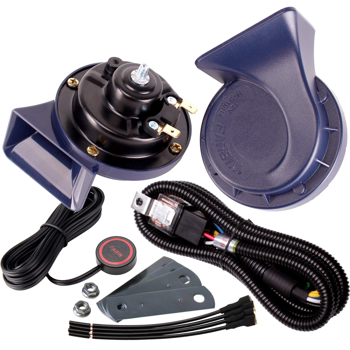 Farbin horn 12V dual-tone with blue wiring for loud vehicle alert.