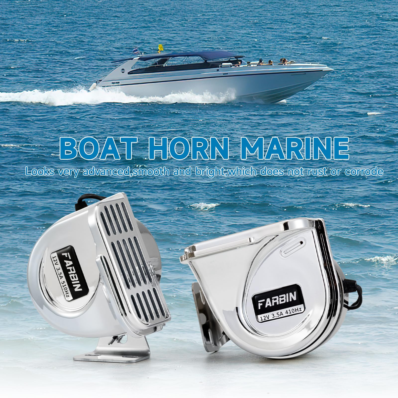 FARBIN stainless steel low-tone horn back view highlights corrosion resistance for marine use.