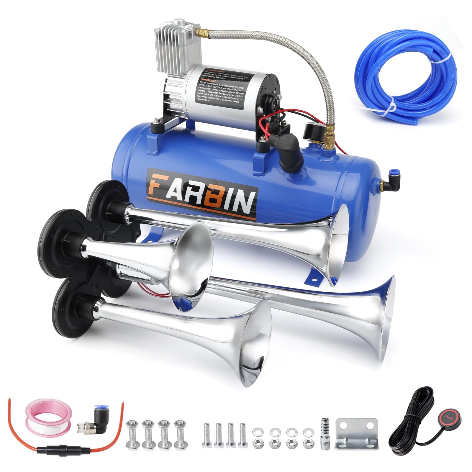 FARBIN train horn kit with four trumpets enhances vehicle visibility and safety.