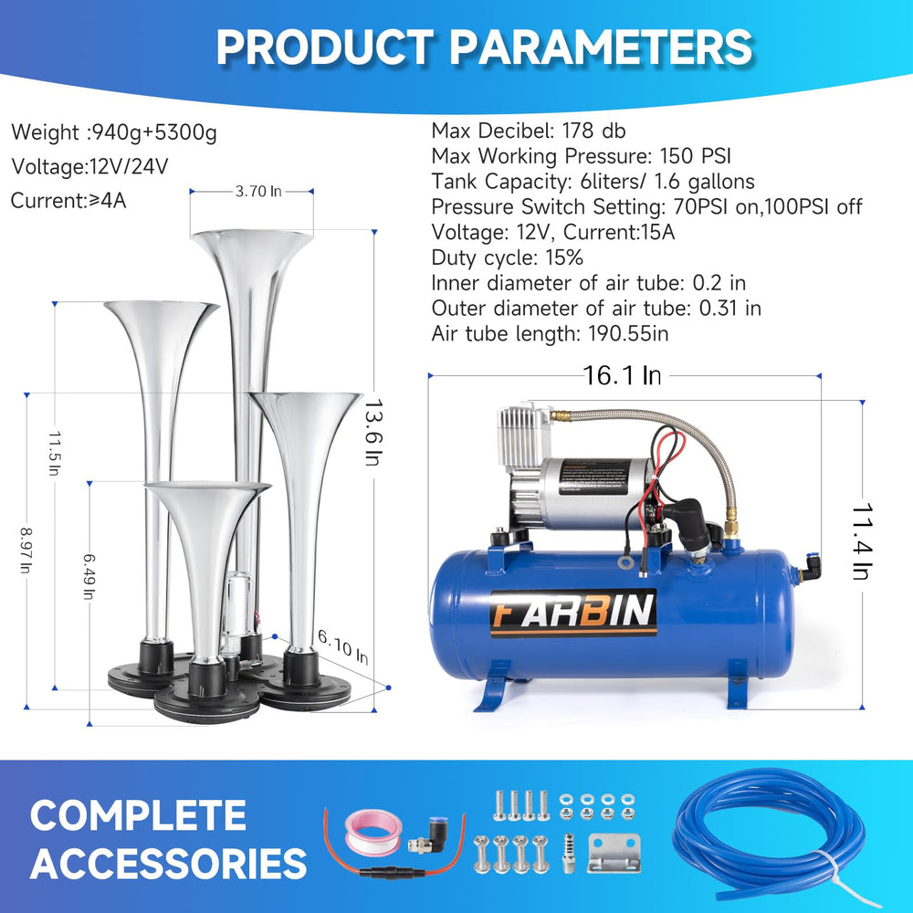 FARBIN horn kit suited for trucks, cars, SUVs, boats, and trains on the road.