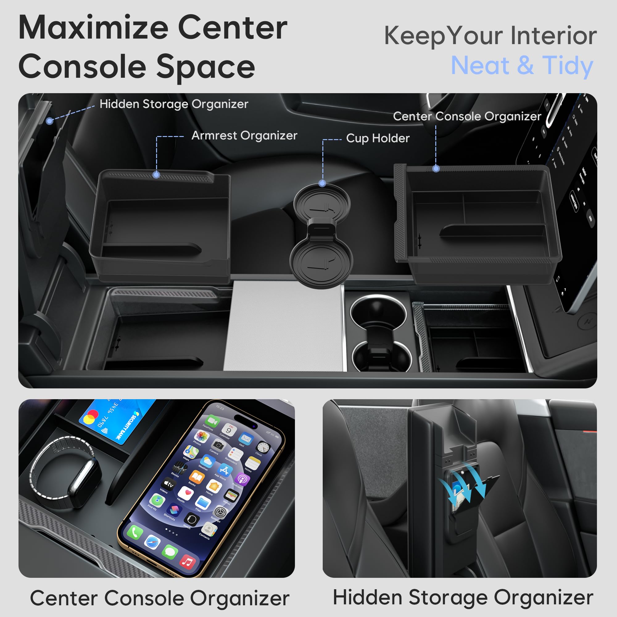 Farmogo center console tray for Tesla Model 3 Highland 2024-2026 keeps small items neatly accessible.