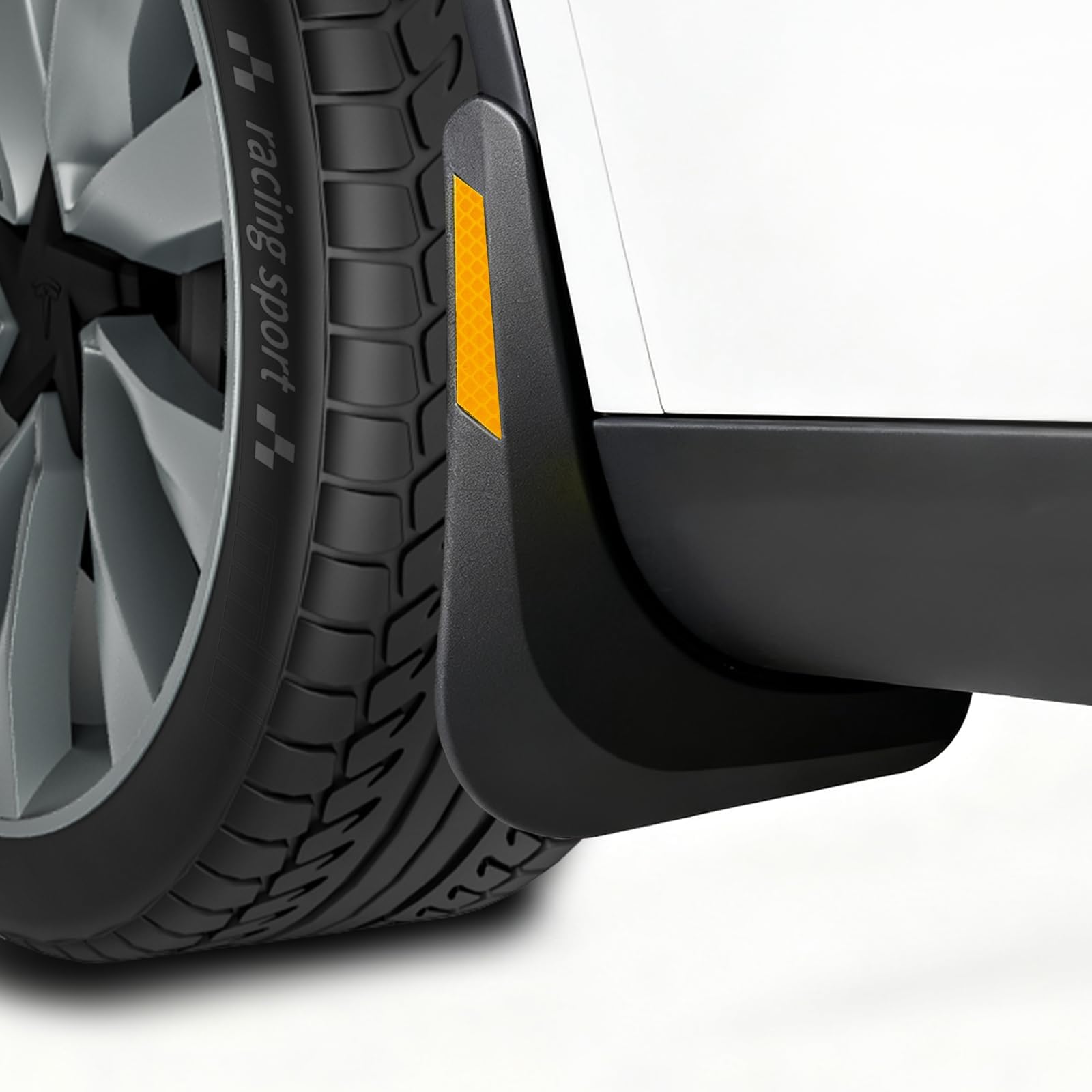 Farmogo mud flaps for Tesla Model Y Juniper, front left view shows precise fit.