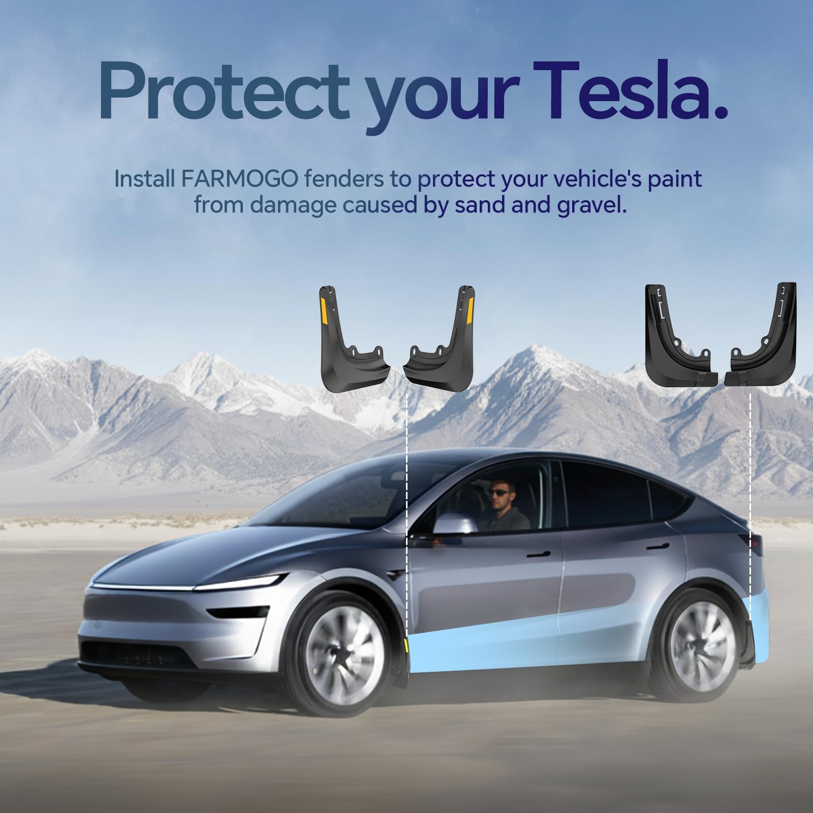 Farmogo mud flaps for Tesla Model Y Juniper, side profile integration.