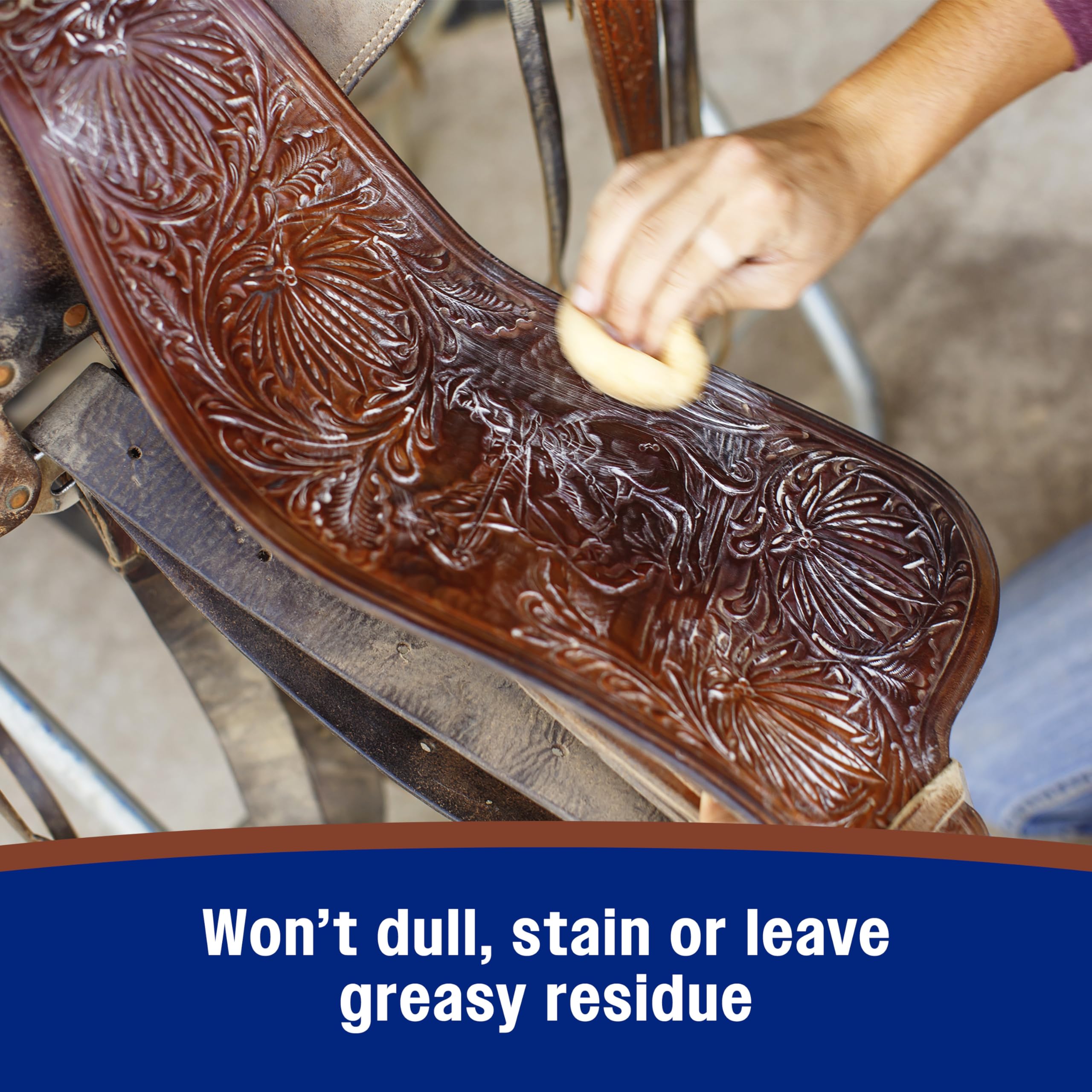 Before and after close-up showing leather revitalization after Farnam soap.