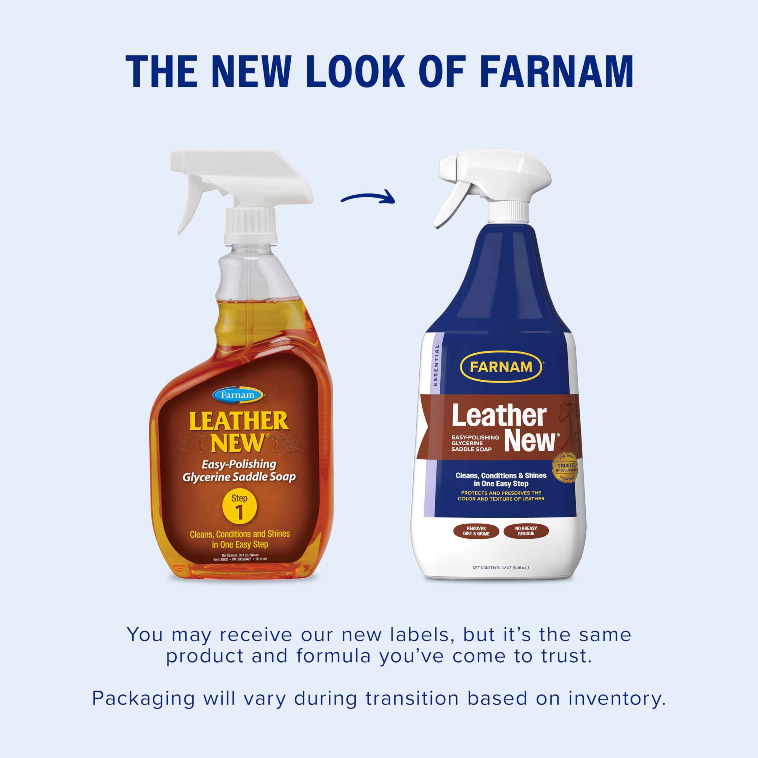 Farnam Leather New Easy-Polishing Saddle Soap label shows spray-ready cleaning and protection.